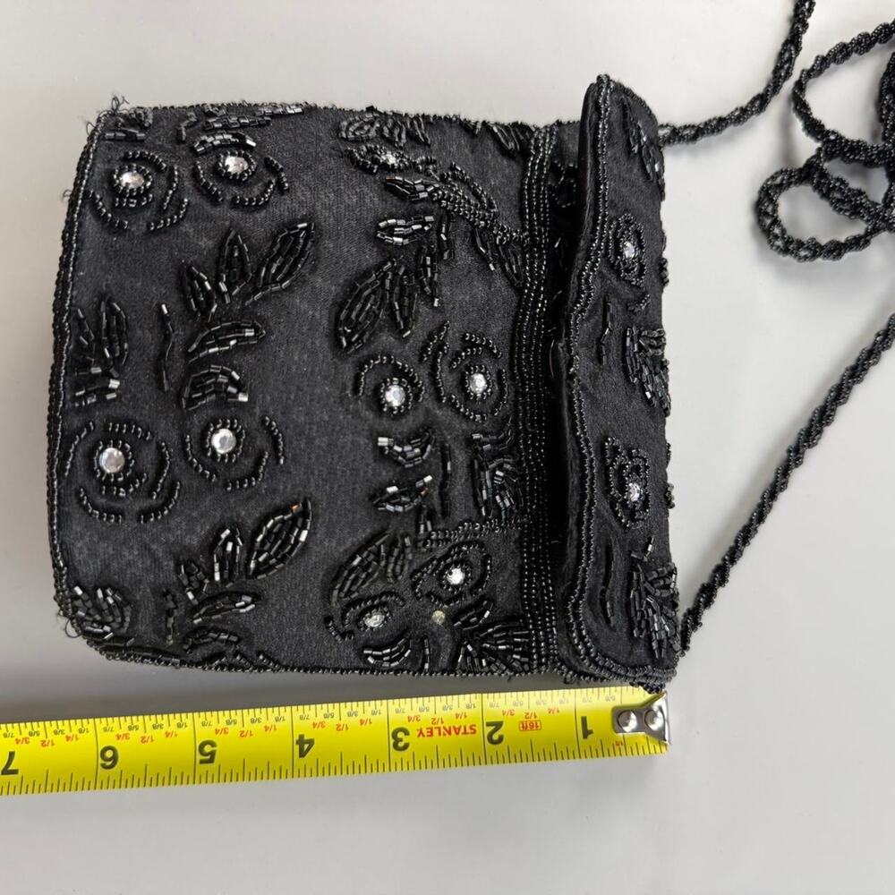 Vintage Black Beaded Mini Evening Bag Floral Satin Clutch Crossbody - Picture 7 of 8